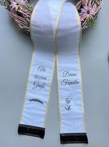 (9 Farbe Auswahl) Moire Trauerschleife mit Text personalisiert, Grabsgesteckschleife gedruckt nach Wunschtext, Grabstrausschleife, Kranzschleife (Weiß, 125mm)