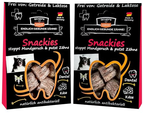 QCHEFS 2er Pack SNACKIES Leckerlis bei Mundgeruch - natürlich antibakterielle Zahnpflege ohne Dentalspray, Hundezahnbürste oder Zahnpasta