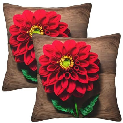 Zhuanyun Dekokissen aus Holz, Retro-Blume, roter Dahlien-Druck, für Couch, dekorative und funktionale Kissenbezüge für Zuhause, Schlafzimmer