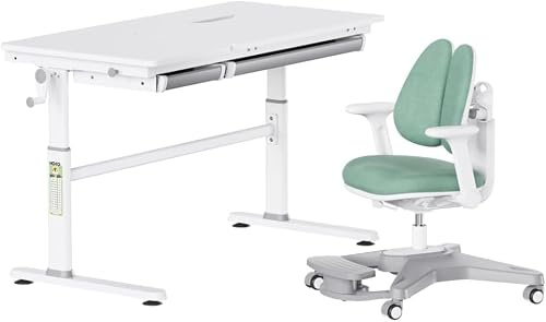 HOKO Kinderschreibtisch-Set höhenverstellbar mit Kinderstuhl für Kinder | 120x60 cm Arbeitsfläche, 80x40 cm neigbare Tischplatte, 2 Schubladen, für Kinder- und Jugendzimmer, Weiß-Grün, ELIN & ANTON