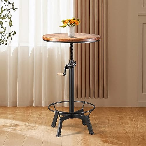 LOKKHAN 33.5-39.4 Inch Tall Industrial Bar Table-Adjustable Bar Height Bistro Whiskey Pub Table-23.7 Dia Swivel Round Wood Top Metal Base-Easily Adjusts by Crank Handle