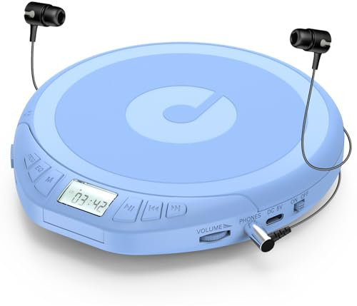 Gueray CD Player Tragbar Kinder Tragbarer CD-Player fürs Auto Discman mit Kopfhörer LCD-Display Unterstützung ASP PROG Speicherfunktion Repeat-Funktion Sound-Effekt Blau