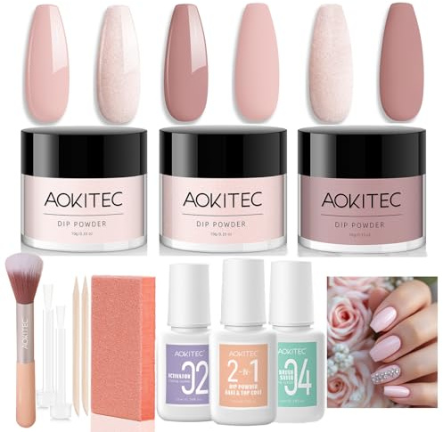 Aokitec Kit de démarrage de 12 poudres de trempage pour ongles, Set de 3 couleurs rose nude pâle avec 3 liquides de trempage, kit de poudre acrylique pour ongles en trempage, pour nail art, kit pour