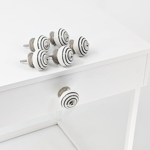 Knober 6er SET | 6 Stück Keramik Möbelknöpfe für Schrank und Schublade | Weiß Schwarz Silber SET