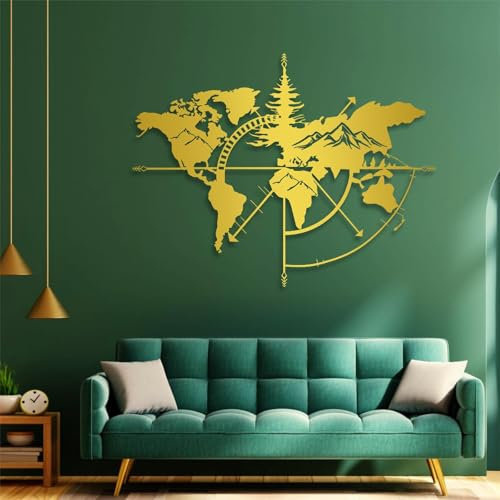 Weltkarte Kompass Metall Wandation, Wandkunst, Berg, Natur, Wohnzimmer