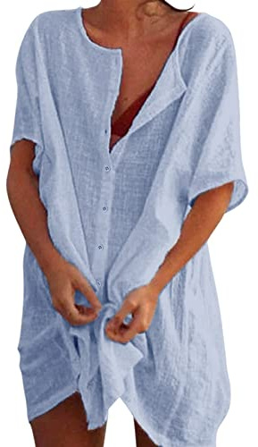 Camisas Mujer Largos Vestido Playa Verano Camisa Suelta de Bikini Cover Up Traje para Mujer Vestido de Playa Casual Blusa Playeras Suelto Pareos Color Sólido (Z-Blue, M)
