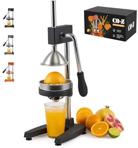 CO-Z Cast-Iron Manual Citrus Juicer with Conical & Flat Pressure Plates, Heavy-Duty Commercial Orange, Lemon & Pomegranate Squeezer, Dishwasher Safe Hand Juice Extractor for Home, Café & Bar, Black