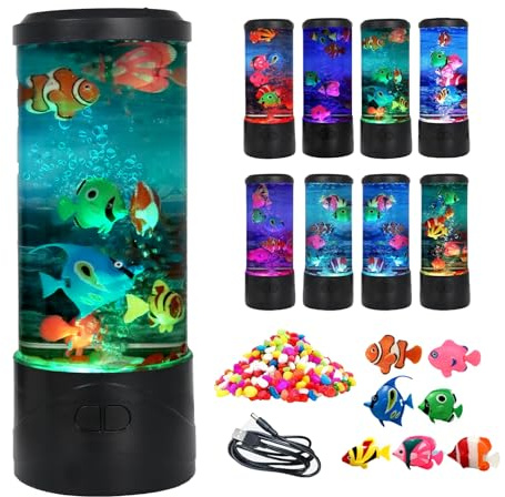 Toycol Lámpara de peces de burbujas, 7 peces falsos, lámpara de acuario con 7 colores cambiantes, luz nocturna LED oceánica, alimentado por USB, decoración ideal para el hogar y la oficina y excelente