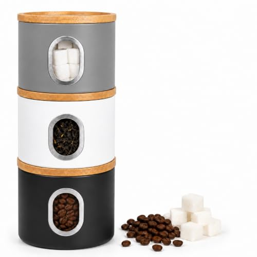 LENAK Tea Coffee Sugar Canister Set, Stackable Airtight Food Storage, Kitchen Storage Containers, Jars Tin With Transparent Window (Grey-Black-White)