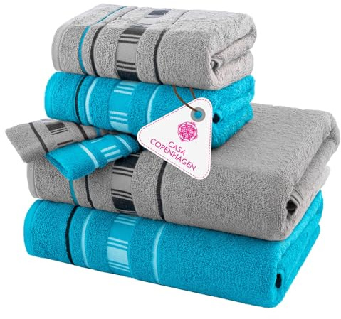 CASA COPENHAGEN X Lines towel made from 600 gsm Egyptian cotton for hotel, spa, kitchen and bathroom, 6-piece set with 2 bath towels, 2 hand towels, and 2 washcloths – Gray Turquoise
