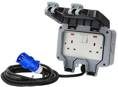 Double Outdoor Socket with 1m/3m Waterproof Extension Lead, 32Amp Plug to 13Amp Weatherproof 2Gang Socket, Heavy Duty Cable, Outdoor Plug Sockets Waterproof Covered sockets box (3m)
