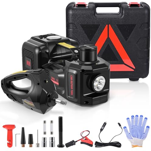 Gato eléctrico 5T, elevación 155-450 mm, operación con un botón, alimentación dual, con llave de impacto y compresor de aire, maletín portátil, 3 en 1 para mantenimiento de vehículos (negro)