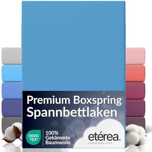 etérea Extra Jersey Spannbettlaken 240x220 cm Hellblau bis 35cm Boxspring | 100% gek. Baumwolle 160 g/m² Spannbetttuch · bis 35 cm Steghöhe für Boxspring & Wasserbett · OEKO-TEX Made in Green