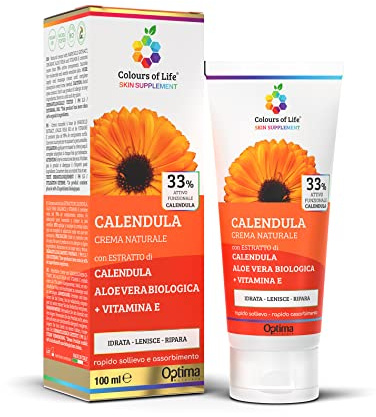 Calendula crema naturale - con Aloe Vera Biologica e Vitamina E - Ideale per Eritemi e Scottature - Formato da 100 ml - Colours of life