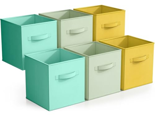 Sorbus Storage Cubes - 11 Foldable Storage Bins with Handle for Nursery, Playroom, Closet Organizers and Storage - 6 Fabric Shelf Basket for Toys, Books, Clothes - Green Yellow & Blue Storage Bins