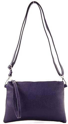 modamoda de - T186 - Pochette italiana in pelle con tracolla media, Colore:scuro Viola