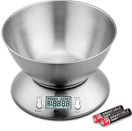 himaly 5KG Digitale Küchenwaage, Edelstahl-Kochwaage mit Abnehmbarer Schüssel zum Backen und Kochen, Tara-Funktion, LCD-Display, Auto-Off