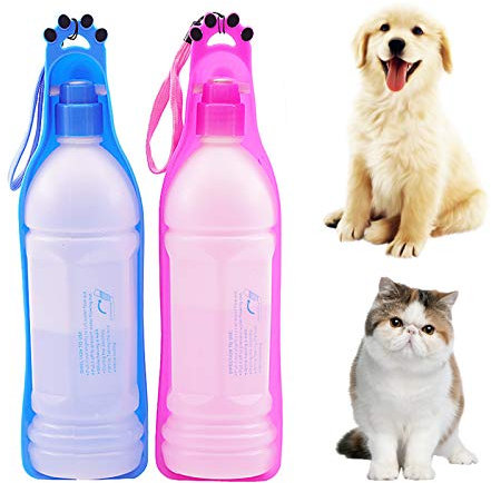 PJDDP Bouteille d'eau Portable pour Chien Voyage Feeder Distributeur d'eau pour La Marche avec Sangle Stand Up Extérieure, Timbale Bowl, L'épreuve des Fuites en Plastique sans BPA, 2PACK,Blue+Pink