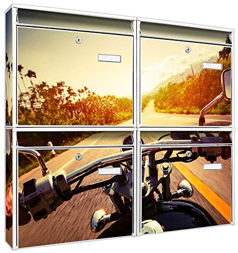 banjado Briefkastenanlage 4 Fach - Postkästen groß - verzinkter Stahl weiß DIN A4 Motiv Easy Rider - Briefkasten Set 4 Briefkästen Namensschild, 2 Schlüssel, Montagematerial