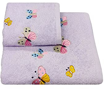 CA' D'ORO Coppia Asciugamani da Bagno Papillon, Asciugamani in Spugna di 100% Cotone 400gr/mq, Set 2 Asciugamani Viso (60 x 110 cm) + Ospite (60 x 40 cm) (Lilla)