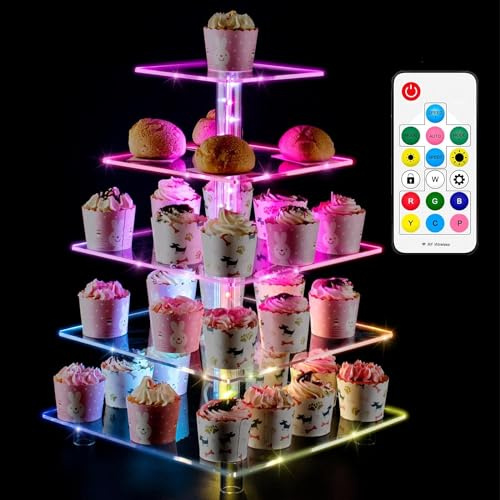 Ulifeme 5 Piani Cupcake Stand con Telecomando, LED Multicolore Supporto per Torte di Dolci Trasparente Quadrato, Torre di Cupcakes per Natale, Matrimoni, Anniversari, Feste Prenatalizie e Compleanni