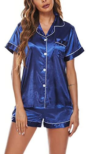 Onsoyours Ensemble de Pyjama pour Femme en Satin à Manches Courtes Pyjama en Satin de Soie pour Femme Etè A Bleu S