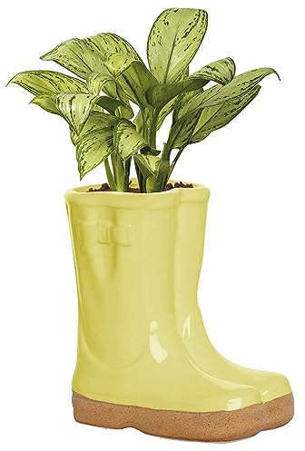 Dibor Small Yellow Ceramic Double Wellington Boot Shaped Indoor Plant Pot | Drainage Hole, Removable Stopper, Wellington Boot, Welly Boot, Planter, Flower Pot, Gardening Gift