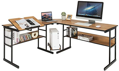 COSTWAY Scrivania Angolare 170 CM, Scrivania per Computer ad Angolo Moderna con Piano Inclinabile, Scaffale Inferiore e Supporto per CPU, Scrivania a Forma di L per Ufficio e Studio (Noce)