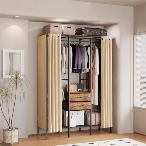 unho Armadio Aperto Appendiabiti Guardaroba Grande: 150x50x214cm Stand Armadio con Ripiani Tende Cassetti Cabina Porta Abiti Camera a giorno Negozio Salvaspazio Metallo Industriale