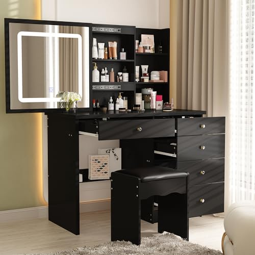 PREMTURE Dressing Table and Stool Set with 3 Colours Sliding LED Lights Mirror, Makeup Vanity Desk Set with Large Storage Space, 100W x 50D x 135H cm Makeup Table with 5 Drawers for Bedroom (Black)