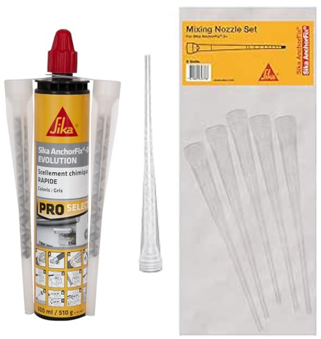 SIKA - Scellement chimique à prise rapide - Fixation d'objets lourds - Int/Ext - Scelle store, volet, portail, radiateur - Ton pierre - 300ml + Lot de 5 buses mélangeuses additionnelles