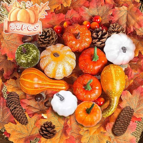 88 PCS Artificial Pumpkin Autumn Decoration Set for Thanksgiving, Fall, Halloween - Home, Table Decor, Seasonal Holiday Decorations