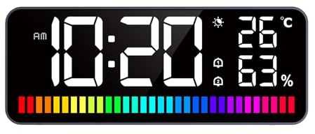 Irfora LED-Wecker mit Rhythmus-Lichtleiste, Nachtlicht, Digitaluhr, großes Display, Temperatur und Luftfeuchtigkeit, Doppelalarm und Schlummerfunktion, 12/24 Std. einstellbare Helligkeit