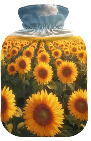 Sunflowers Field Yellow003 Wärmflaschen mit weichem Bezug, Bett, Hand- und Fußwärmer, Wintergeschenk, Wärmbeutel zur Schmerzlinderung, 1 Liter