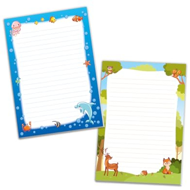 JuNa-Experten Schreibblock Blöcke Kindermotiv Tiere Notizblöcke mit Linien für Mädchen Jungen Briefblock Notizblock liniert 2er Set (2 Blöcke: Delfin, Fuchs mit je 25 Blätter in A5-Format)