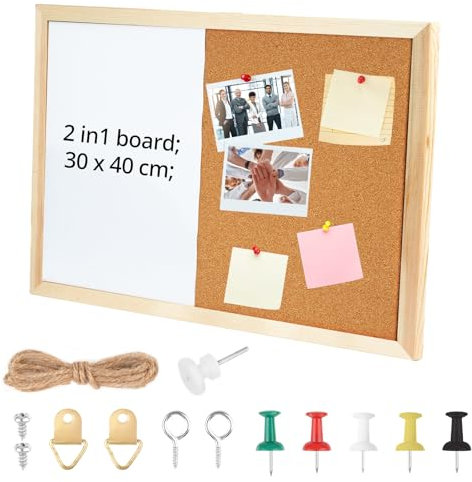 Lavagna memo da cucina con cornice in legno, lavagna magnetica, 2 in 1, con materiale di fissaggio per penna a pressione, parete in sughero e lavagna magnetica per ufficio, cucina (40 x 30 cm)