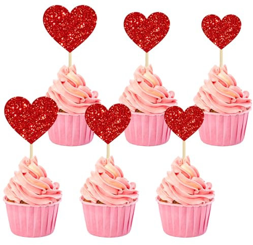 Decorazioni per Torte a Forma di Cuore 30 Pezzi Toppers Cupcake Cuore Glitter,Torte Toppers Cupcake Toppers Glitter Cuore d'amore,Toppers Decorati Con Torta Glitter,adatti per San Valentino (Rosso)