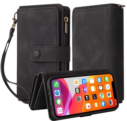 TQmchun Handyhülle für Xiaomi 13T/Xiaomi 13T Pro/Redmi K60 Ultra,Flip Case Lederhülle Reißverschluss Magnetverschluss Brieftasche mit 15 Kartenfächern Standfuntion Retro Ledertasche-Schwarz
