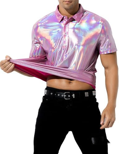 Casey Kevin Metallica T Shirt Camicia Uomo Anni 70 Abbigliamento da Discoteca Party Shirt Giacca Paillettes, Rosa Glitterato, S