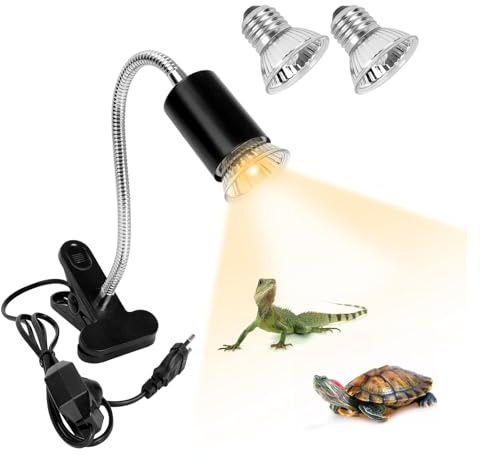 MINISOISO Lampada Tartarughe, Lampada Riscaldante Rettile con 1 Portalampada E27, 2 Lampadine UVA UVB 50W a Punto Basking e Morsetto Girevole a 360° per Tartaruga, Serpente, Lucertola, Nero