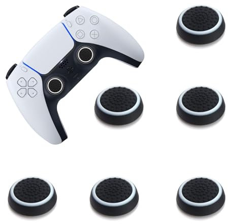 6PCS Silicone Thumb Grip Caps - Anti-Slip Texture Black with White Rings - Xbox/PS5/Switch Controller Joystick Covers - Compatible with PS5, Xbox Series X/S, Nintendo Switch