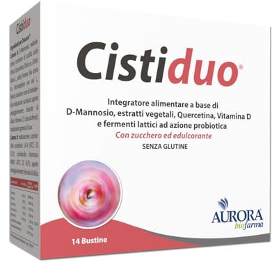 Aurora Biofarma Cistiduo - Integratore Alimentare Contro la Cistite - A Base di D-mannosio, Estratti Vegetali, Quercetina, Vitamina D e Fermenti Lattici Vivi - Senza Glutine, 14 Bustine