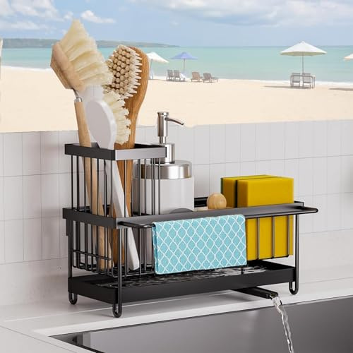 Sponge Holder for Kitchen Sink, Soap Dish Tray with Removable Brush Holder, Under Sink Storage Rack, Sponge & Soap Holder Organizers and Storage, Stainless Steel Cleaning Utensil Caddy for Kitchen