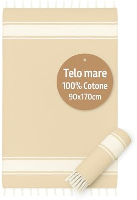 Telo Mare Grande 90x170cm 100% Cotone – Asciugamano da Spiaggia con Frange – Antisabbia, Leggero, Assorbente e Compatto – Fouta per Hammam, Sauna, Viaggio, Piscina, Yoga, Campeggio, (BIEGE)