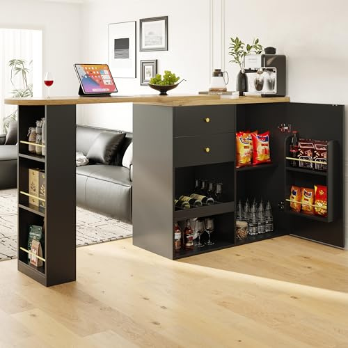 Merax Table de Bar de Salon,îlot de Cuisine, pivotante à 360°, avec 2 tiroirs, Armoire à Portes coulissantes et 3 étagères Ouvertes, Bureau Multifonction pour Salon - Noir