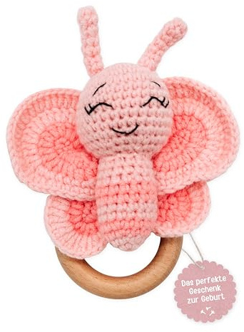wunderwunsch - Personalisierter Beißring Baby - Niedlicher Greifling für Baby's ab 0 Monate - Babyrassel mit Name als Baby Geschenk für Mädchen und Jungen (Schmetterling, mit Gravur)