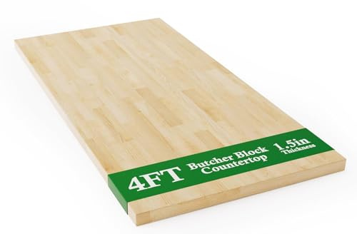 4FT Butcher Block Countertop Birch Solid Wood - 50 x 25 Table Top Butcher Block Cutting Board for Kitchen Island Cart Living Dining Office Desk Workbench Washer Dryer Countertop Unfinished 1.5 Th