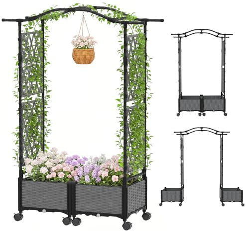 GOPLUS Jardineras con Enrejado de Arco, Cama Elevada con Ruedas Bloqueables, Techo Colgante y Orificios de Drenaje, Maceta Interior Exterior para Enredaderas Hortalizas Flores (Gris)