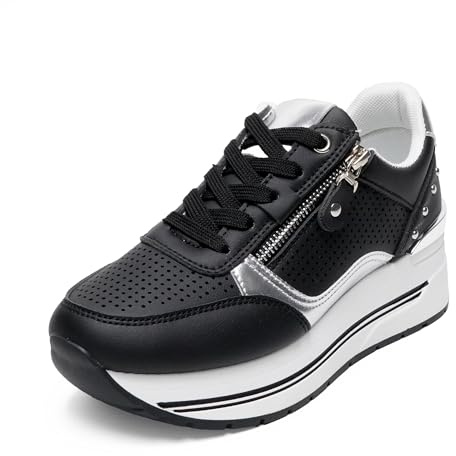 JOMIX Scarpe Donna Sneakers Lacci Zeppa con Zip Laterale Eleganti Antiscivolo Comode da Camminata WSC260025 (Nero,41)
