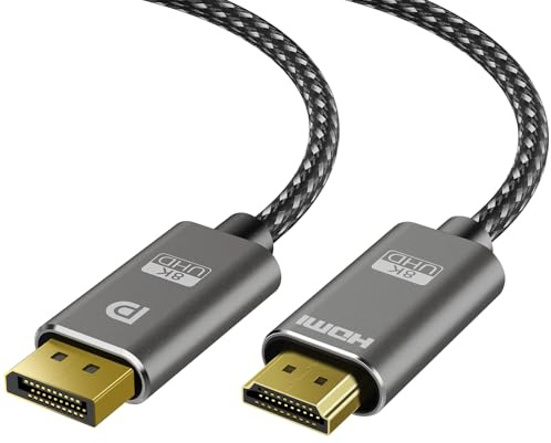 TagBreet Câble DisplayPort 8K vers HDMI 1,5 m, 8K @ 60 Hz, 4K @ 240 Hz, nylon tressé, source DisplayPort 1.4 unidirectionnelle vers écran HDMI 2.1, DP vers HDMI compatible avec PC, Dell, AMD, Lenovo